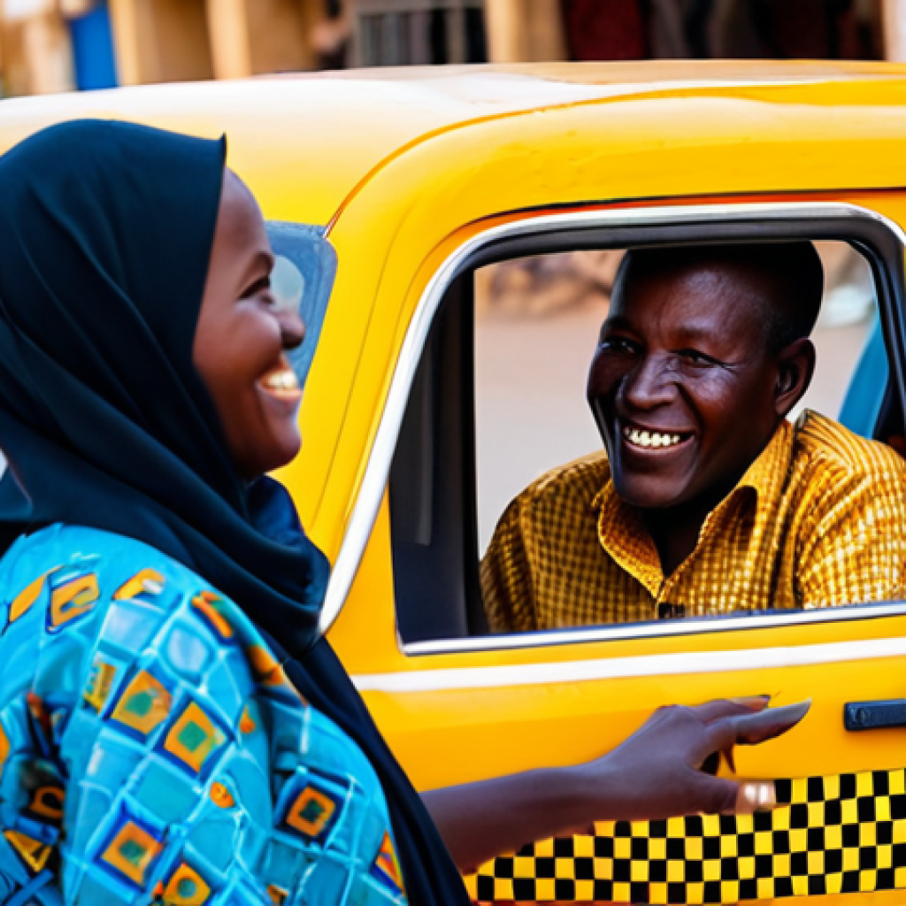 A professional Chadian male taxi driver in a modest, appropriate uniform is seen smiling while conversing with a female passenger in modest traditional attire, seated inside a vibrant yellow collective taxi ('Taksi'). The scene is set on a bustling, sunlit street in N'Djamena, Chad, with blurred market stalls and pedestrians in the background. Perfect anatomy, correct proportions, natural pose, well-formed hands, proper finger count, natural body proportions, professional photography, high quality, realistic, vibrant colors, authentic cultural representation, fully clothed, modest clothing, appropriate attire, professional dress, safe for work, appropriate content, family-friendly.