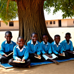 A professional photograph depicting a vibrant and hopeful rural classroom scene in Chad. A diverse group of young primary school children, fully clothed in clean, modest, appropriate attire, are seated attentively on simple woven mats on the ground. A dedicated female teacher, in professional, modest clothing, stands before them, gently guiding their learning. The classroom is an open-air structure beneath a large, shady tree, with a rustic blackboard propped up. The children hold worn but cherished textbooks and simple wooden slates. The scene captures the spirit of resilience and the pursuit of knowledge despite limited resources, emphasizing the critical role of accessible education. Perfect anatomy, correct proportions, natural pose, well-formed hands, proper finger count, natural body proportions. Soft, natural sunlight, warm colors, realistic detail, high quality. Safe for work, appropriate content, fully clothed, modest, family-friendly.