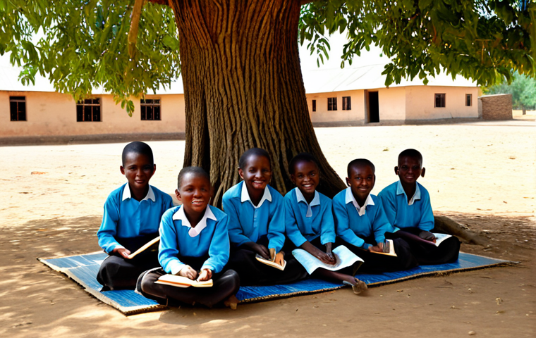 A professional photograph depicting a vibrant and hopeful rural classroom scene in Chad. A diverse group of young primary school children, fully clothed in clean, modest, appropriate attire, are seated attentively on simple woven mats on the ground. A dedicated female teacher, in professional, modest clothing, stands before them, gently guiding their learning. The classroom is an open-air structure beneath a large, shady tree, with a rustic blackboard propped up. The children hold worn but cherished textbooks and simple wooden slates. The scene captures the spirit of resilience and the pursuit of knowledge despite limited resources, emphasizing the critical role of accessible education. Perfect anatomy, correct proportions, natural pose, well-formed hands, proper finger count, natural body proportions. Soft, natural sunlight, warm colors, realistic detail, high quality. Safe for work, appropriate content, fully clothed, modest, family-friendly.