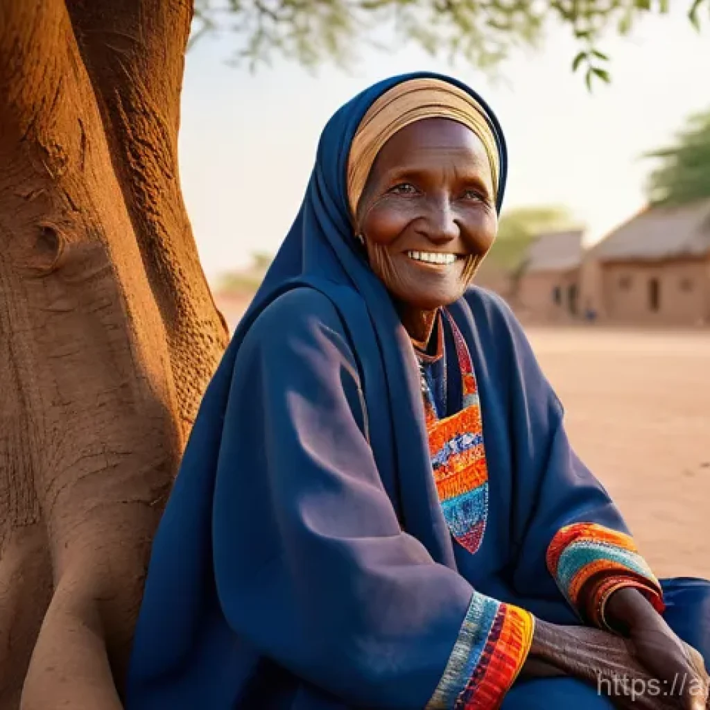차드의 미신과 전통적 믿음 - A cozy scene depicting an elderly Chadian woman, with kind eyes and a warm smile, wearing a traditio...