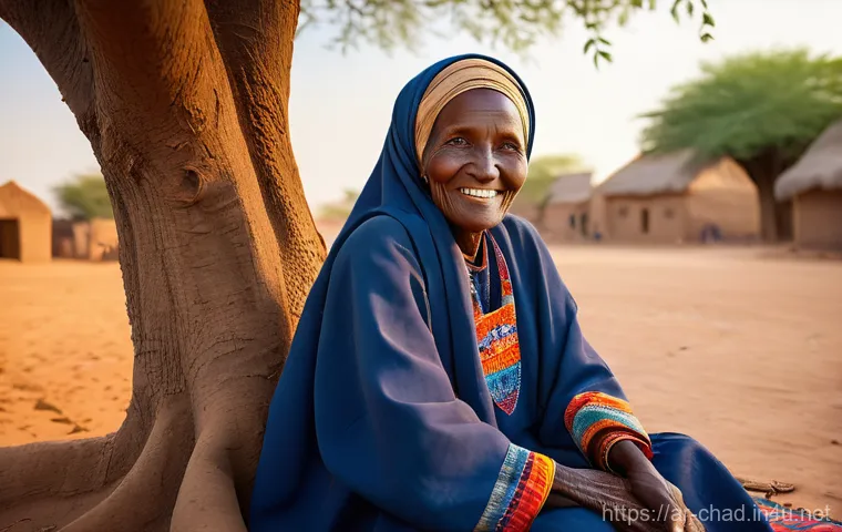차드의 미신과 전통적 믿음 - A cozy scene depicting an elderly Chadian woman, with kind eyes and a warm smile, wearing a traditio...