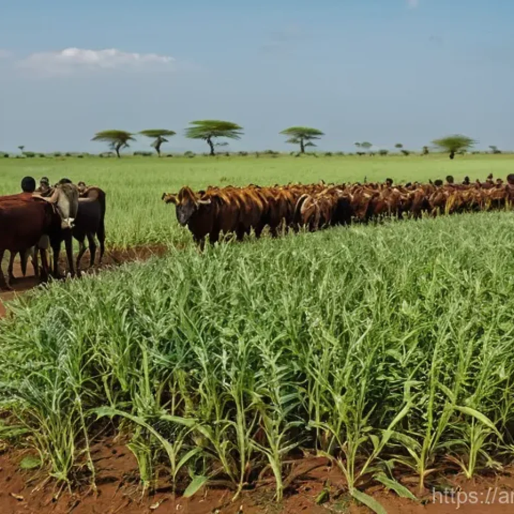 차드의 주요 경제 산업 - **Prompt for Agriculture and Livestock: "Generations on the Fertile Plains"**
"A vibrant, wide-a...