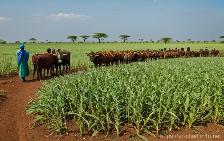 차드의 주요 경제 산업 - **Prompt for Agriculture and Livestock: "Generations on the Fertile Plains"**
    "A vibrant, wide-a...