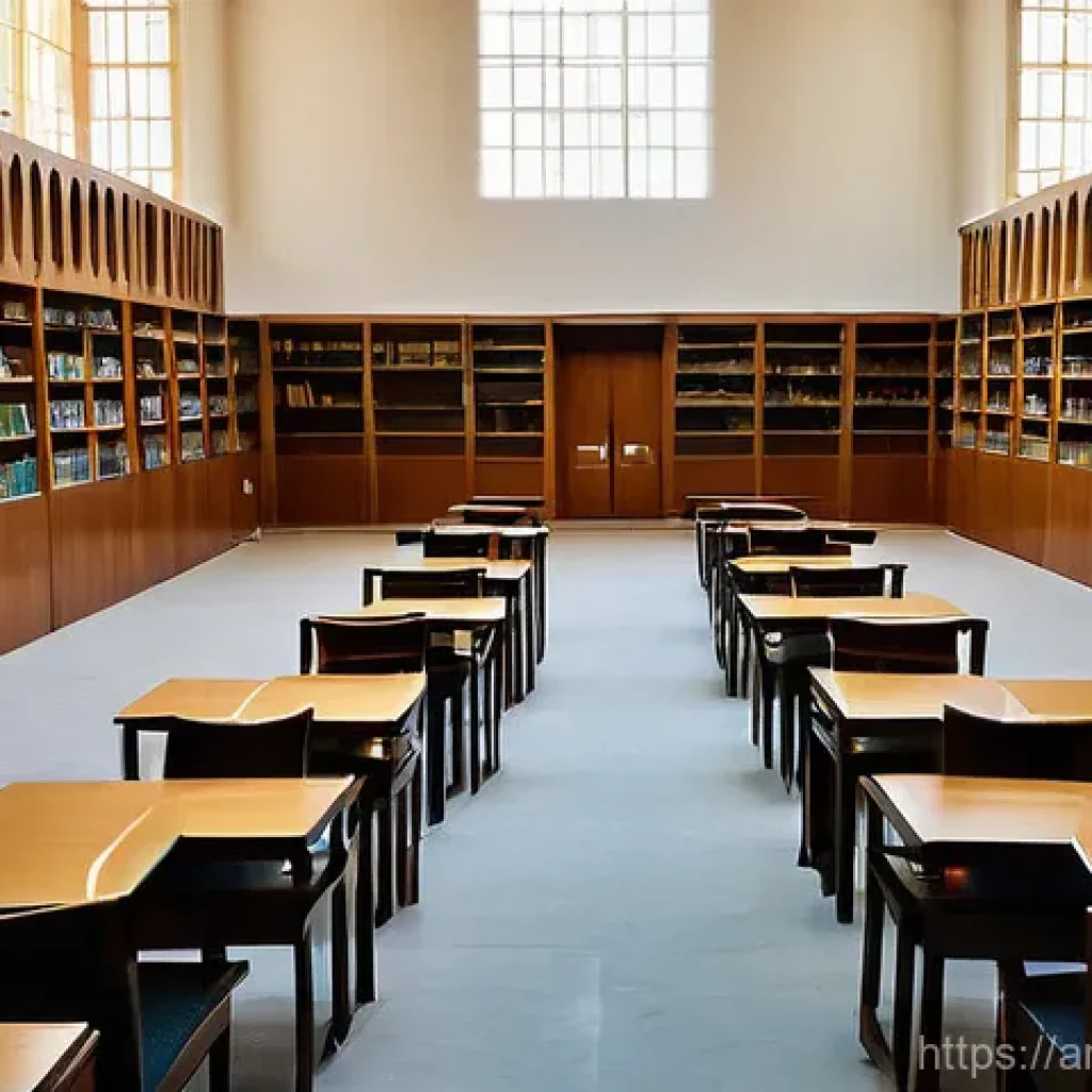 차드에서 가장 유명한 도서관 - **Prompt:** A serene and vast interior shot of the King Faisal University Library in N'Djamena, Chad...