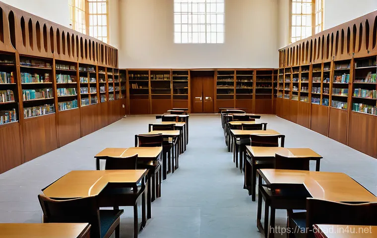 차드에서 가장 유명한 도서관 - **Prompt:** A serene and vast interior shot of the King Faisal University Library in N'Djamena, Chad...