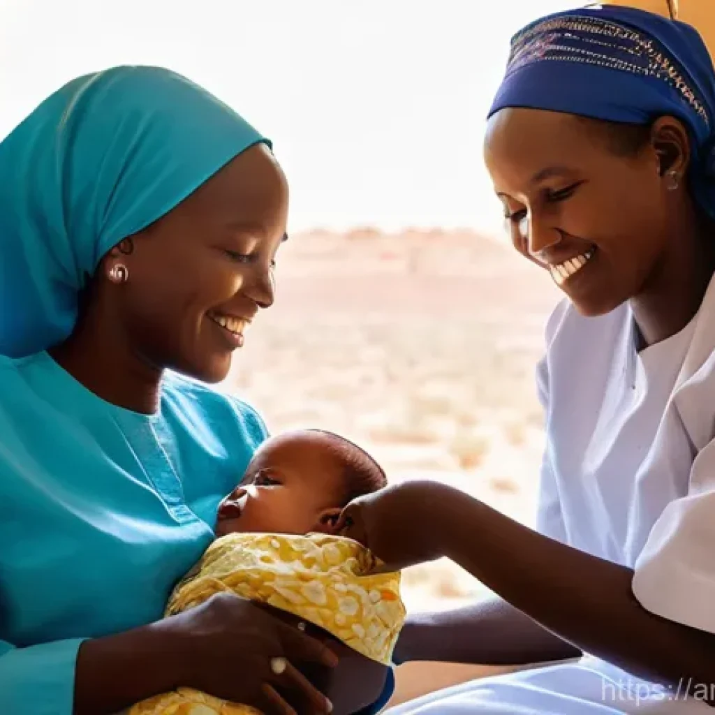 차드에서 필수 예방접종 리스트 - **Prompt:** A heartwarming scene inside a modern, clean healthcare clinic in Chad. A caring female n...