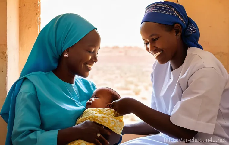 차드에서 필수 예방접종 리스트 - **Prompt:** A heartwarming scene inside a modern, clean healthcare clinic in Chad. A caring female n...