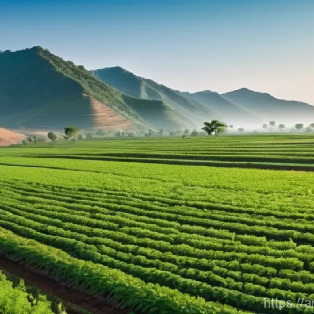 차드에서의 비즈니스 기회 - **Vast Fertile Lands with Modern Touches:** A wide shot of a sun-drenched, fertile agricultural land...