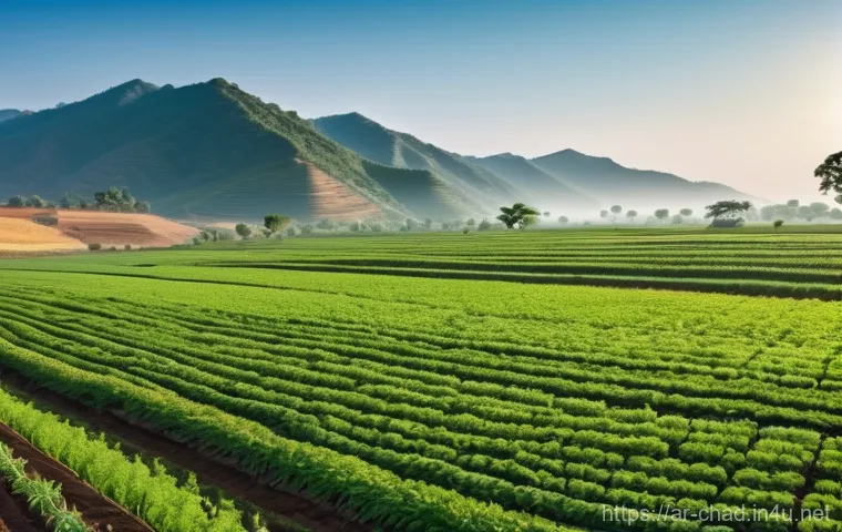 차드에서의 비즈니스 기회 - **Vast Fertile Lands with Modern Touches:** A wide shot of a sun-drenched, fertile agricultural land...