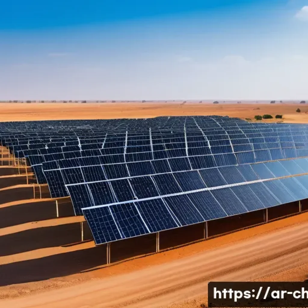차드에서 자원 개발 프로젝트 - **Prompt:** A vibrant, sun-drenched landscape in Chad, showcasing a modern solar power plant. Rows o...