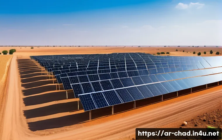 차드에서 자원 개발 프로젝트 - **Prompt:** A vibrant, sun-drenched landscape in Chad, showcasing a modern solar power plant. Rows o...
