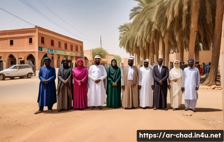 차드 대통령 선거 분석 - A vibrant street scene in Chad during election day, featuring a diverse group of young Arab men and ...