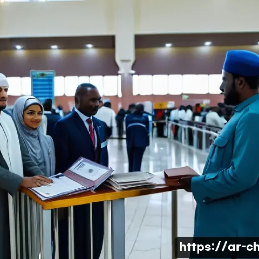 차드 입국 비자 정보 - A detailed airport immigration scene in N’Djamena, Chad, showing a diverse group of Arabic-speaking ...