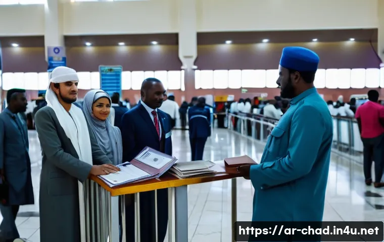 차드 입국 비자 정보 - A detailed airport immigration scene in N&rsquo;Djamena, Chad, showing a diverse group of Arabic-speaking ...