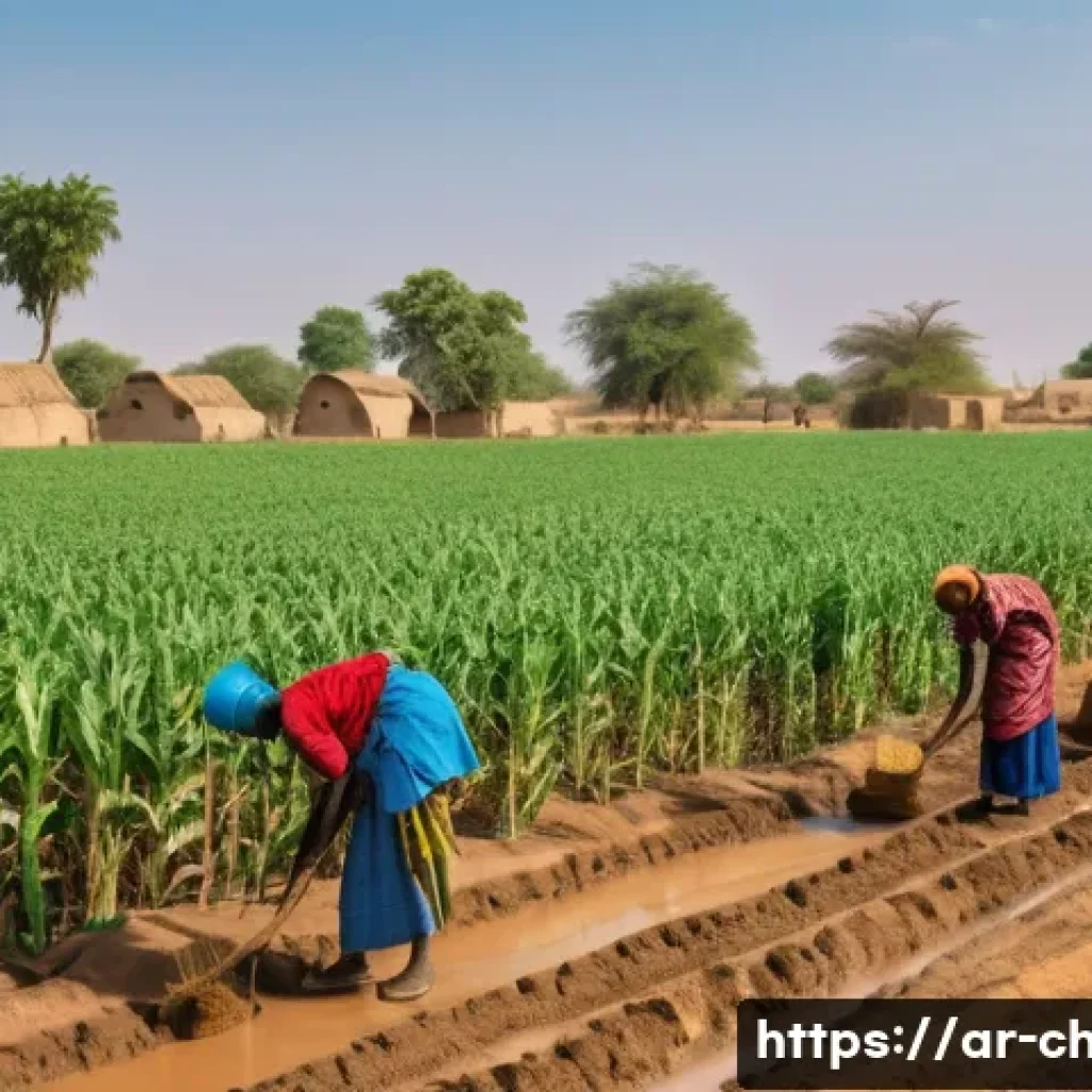 차드와 인접 국가 비교 - A vibrant rural agricultural scene in Chad, showing local farmers working traditional fields growing...