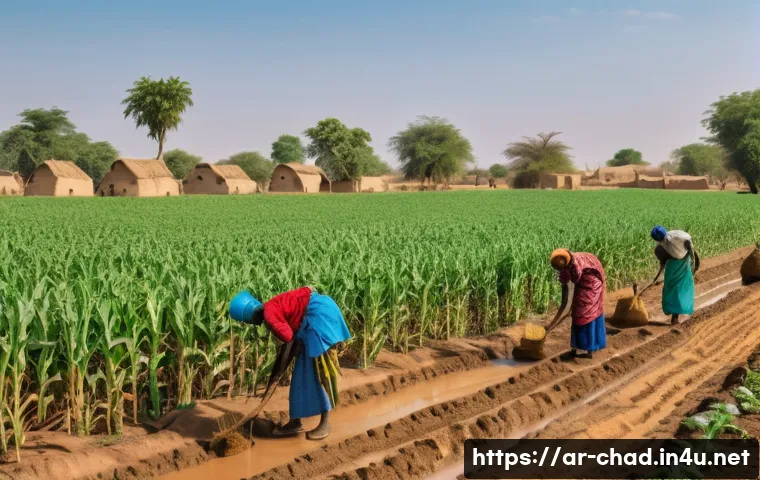 차드와 인접 국가 비교 - A vibrant rural agricultural scene in Chad, showing local farmers working traditional fields growing...