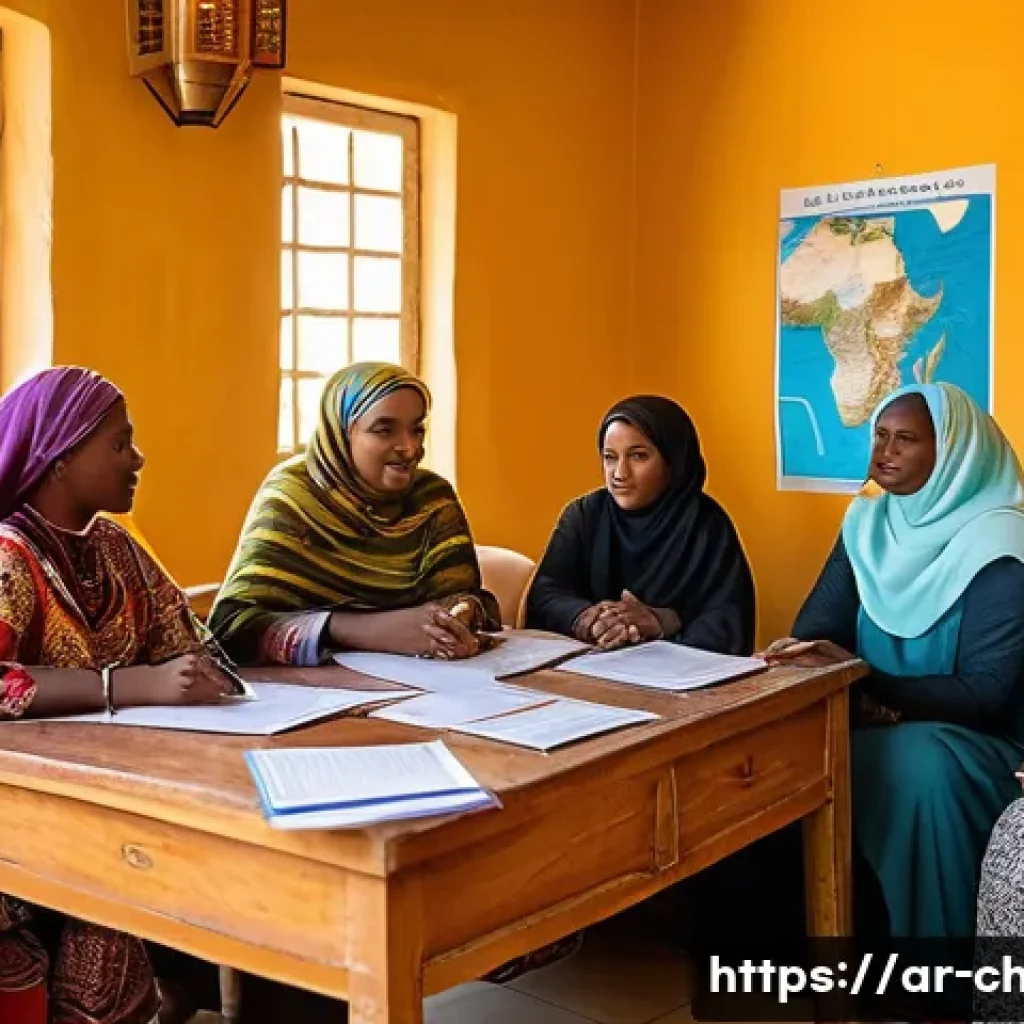 차드의 소규모 여행사 이용법 - A vibrant scene of a small travel agency office in N&rsquo;Djamena, Chad, showcasing a warm Arabic-speakin...