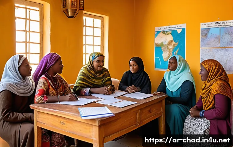 차드의 소규모 여행사 이용법 - A vibrant scene of a small travel agency office in N&rsquo;Djamena, Chad, showcasing a warm Arabic-speakin...