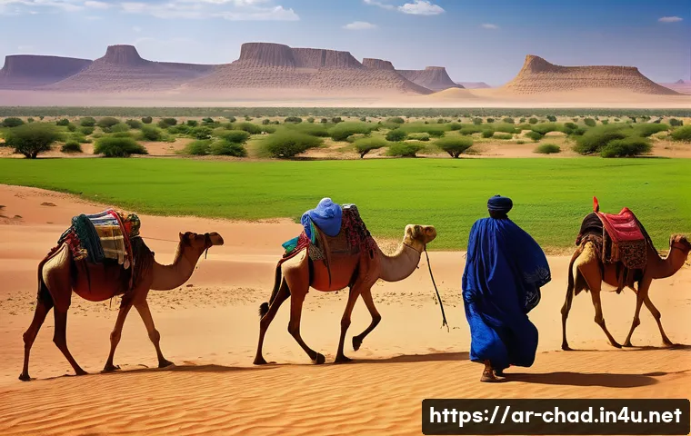 차드의 역사적 사건 정리 - A vibrant, detailed landscape showing the geographic diversity of Chad, featuring the vast Sahara de...