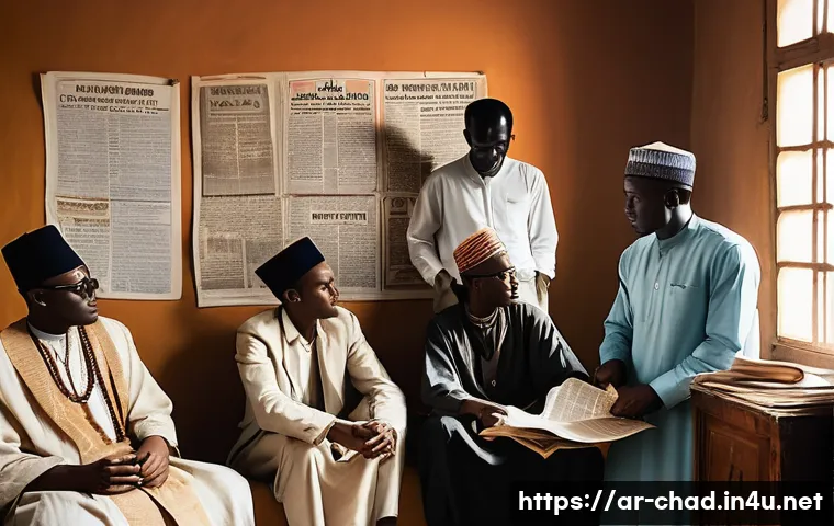 차드 독립 과정과 역사 - A detailed scene depicting a 1950s Chadian political meeting with diverse young activists and intell...
