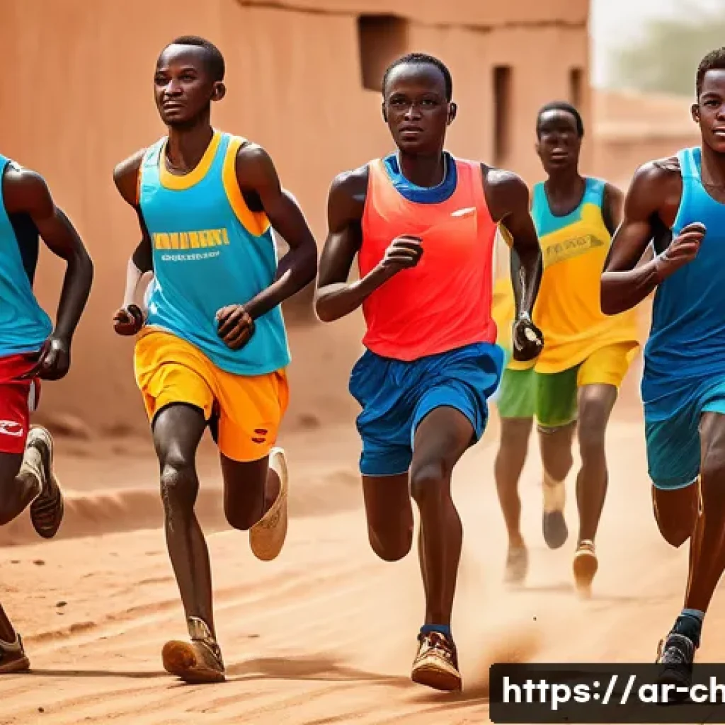 차드에서 유명한 스포츠 선수 - A dynamic scene of young Chadian athletes training on dusty, sunlit clay fields and narrow urban str...
