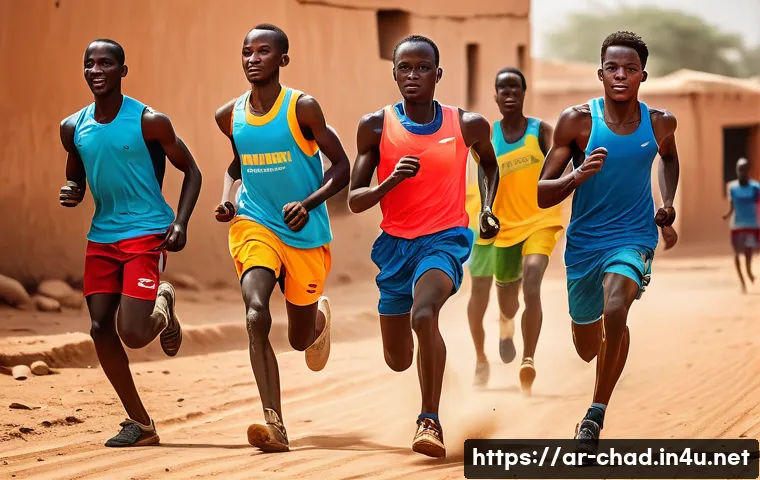 차드에서 유명한 스포츠 선수 - A dynamic scene of young Chadian athletes training on dusty, sunlit clay fields and narrow urban str...