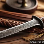 차드에서 유명한 전통 무기 - A detailed close-up of a traditional Chadian sword with a sharp iron blade featuring intricate geome...