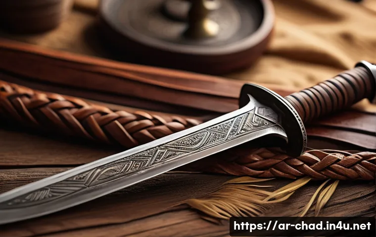 차드에서 유명한 전통 무기 - A detailed close-up of a traditional Chadian sword with a sharp iron blade featuring intricate geome...