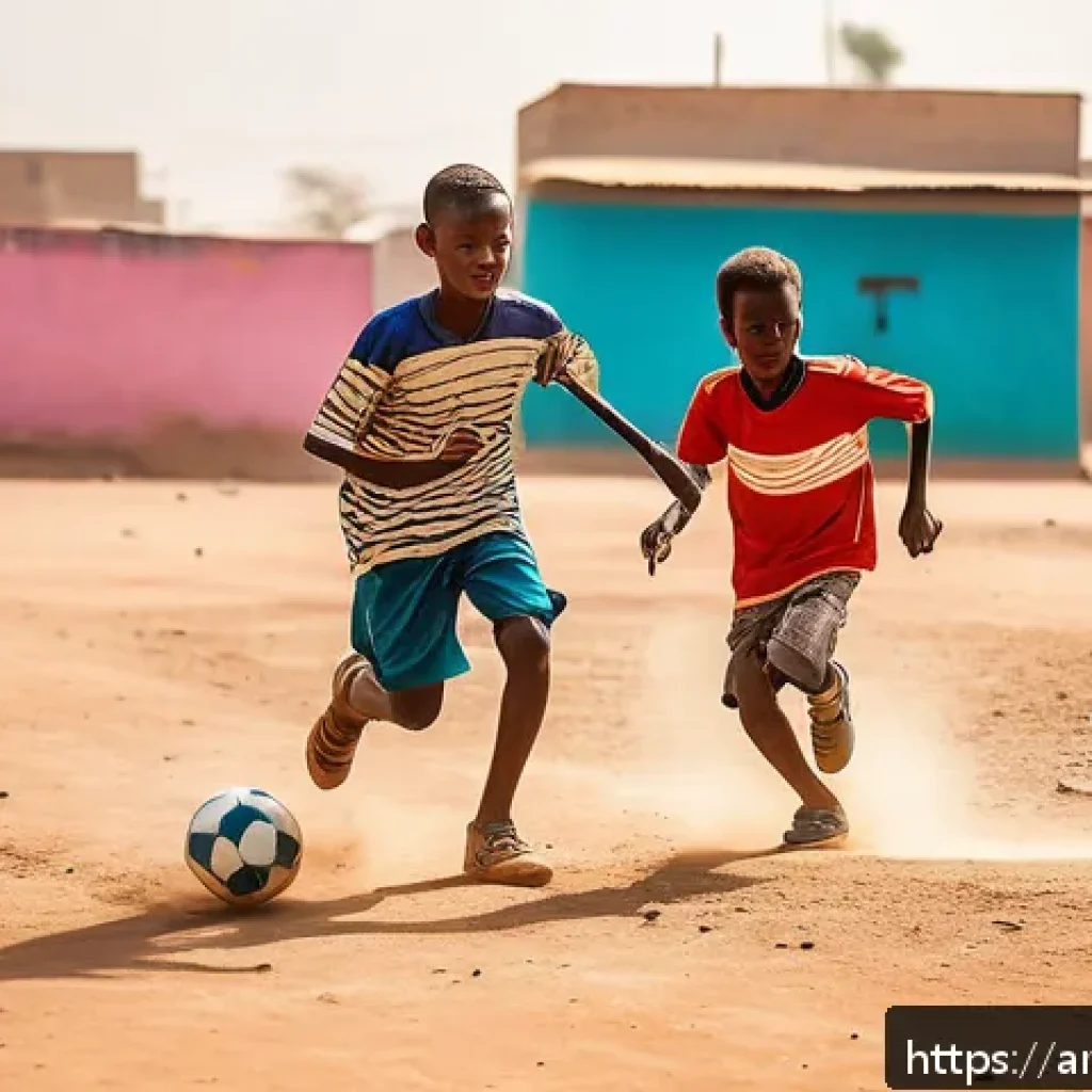 차드에서 인기 있는 스포츠 - A vibrant street scene in a popular neighborhood of Chad showing children and teenagers enthusiastic...