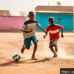 차드에서 인기 있는 스포츠 - A vibrant street scene in a popular neighborhood of Chad showing children and teenagers enthusiastic...