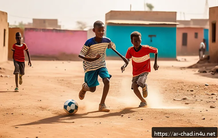 차드에서 인기 있는 스포츠 - A vibrant street scene in a popular neighborhood of Chad showing children and teenagers enthusiastic...