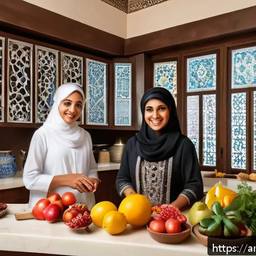 차드에서 주의해야 할 전염병 - A detailed, vibrant illustration of a Middle Eastern family in a traditional home kitchen preparing ...