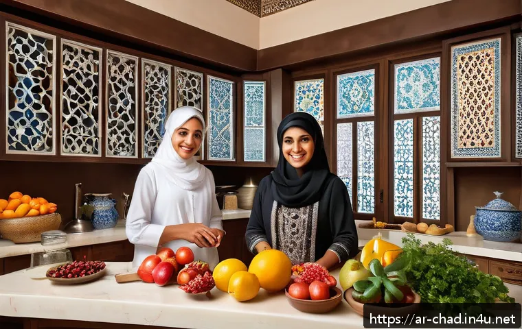 차드에서 주의해야 할 전염병 - A detailed, vibrant illustration of a Middle Eastern family in a traditional home kitchen preparing ...