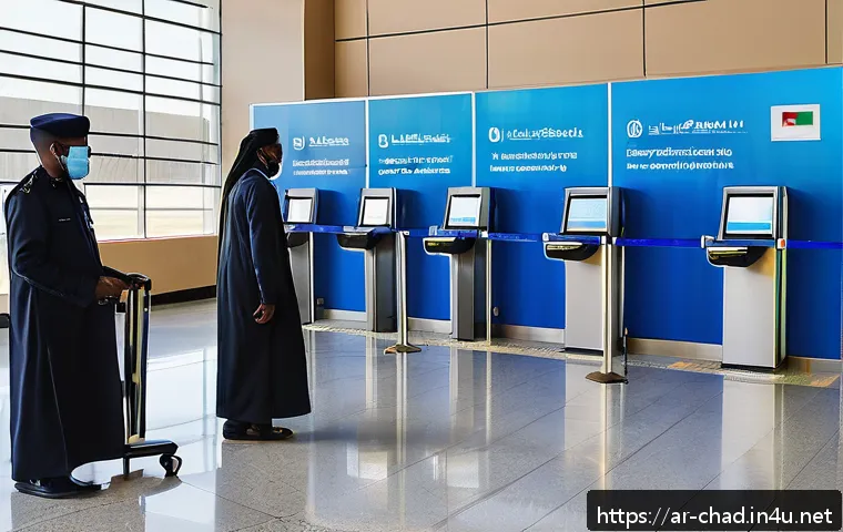 차드 공항 이용 가이드 - A modern airport security checkpoint in Chad featuring advanced X-ray and metal detection machines w...