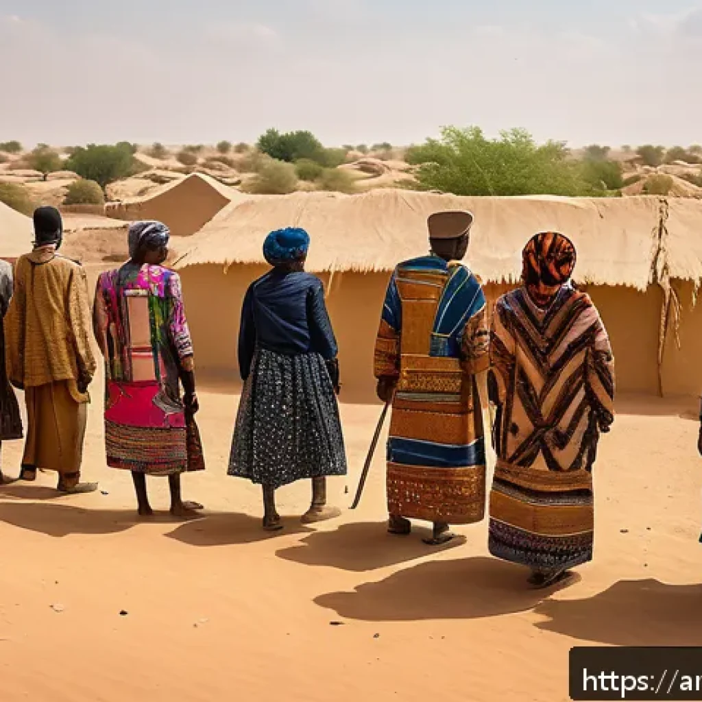 차드의 치안 상황 - A detailed, realistic scene depicting a diverse group of Chadian tribal communities in a tense stand...