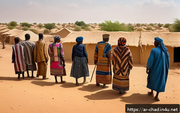 차드의 치안 상황 - A detailed, realistic scene depicting a diverse group of Chadian tribal communities in a tense stand...