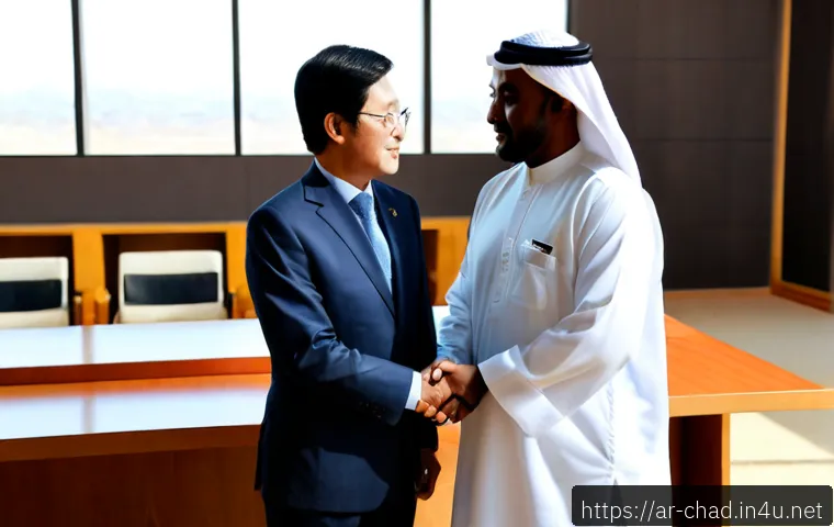 차드에서 한국과의 관계 - Photorealistic diplomatic meeting between Chadian and South Korean representatives in a bright moder...