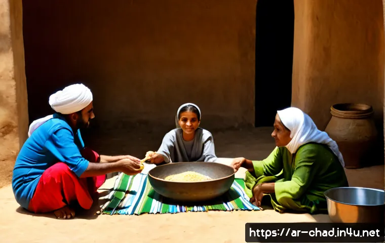 차드의 특이한 음식 문화 - Photorealistic documentary-style scene of a Chadian family meal in a shaded courtyard, a large share...